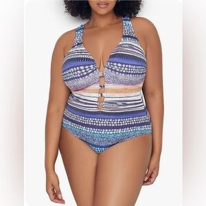 Kenneth Cole 1X Standard Keyhole Front Cross Back OnePiece Tummy Toner Swimsuit